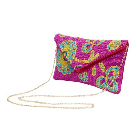 Pink Floral Beaded Cotton Crossbody Hand Bag For Women 